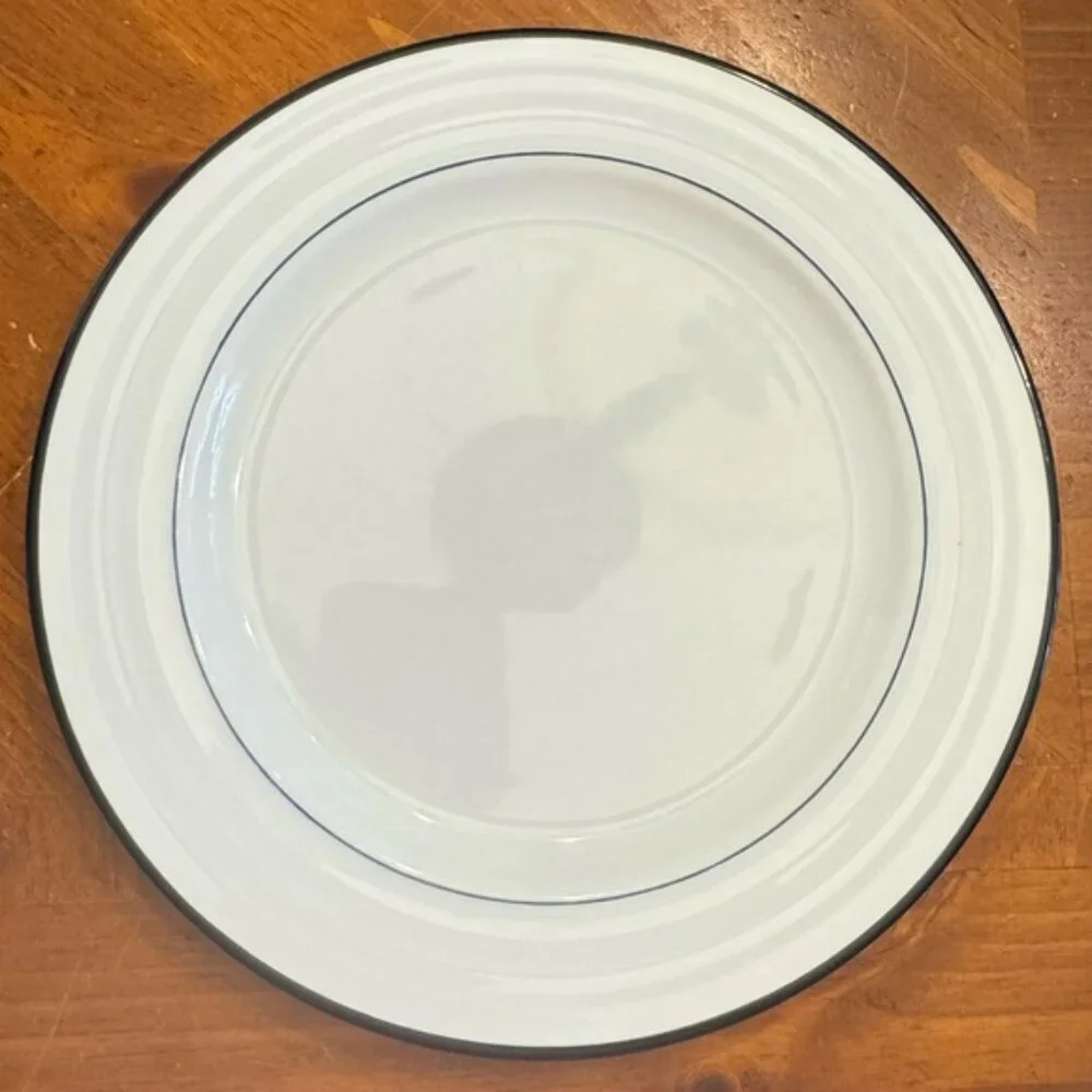 1 Crate & Barrel Spal Porcelain Roulette Blue Trim 10 5/8” Dinner Plate
